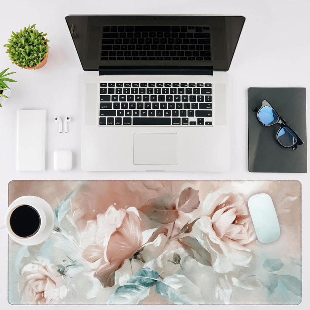 Mouse Pad Large Rose and Leaves Non-Slip Game Desk Mat with Stitched Edge Laptop Keyboard Desk Pad for Work Home Gaming (35.4 x 15.7 Inches)
