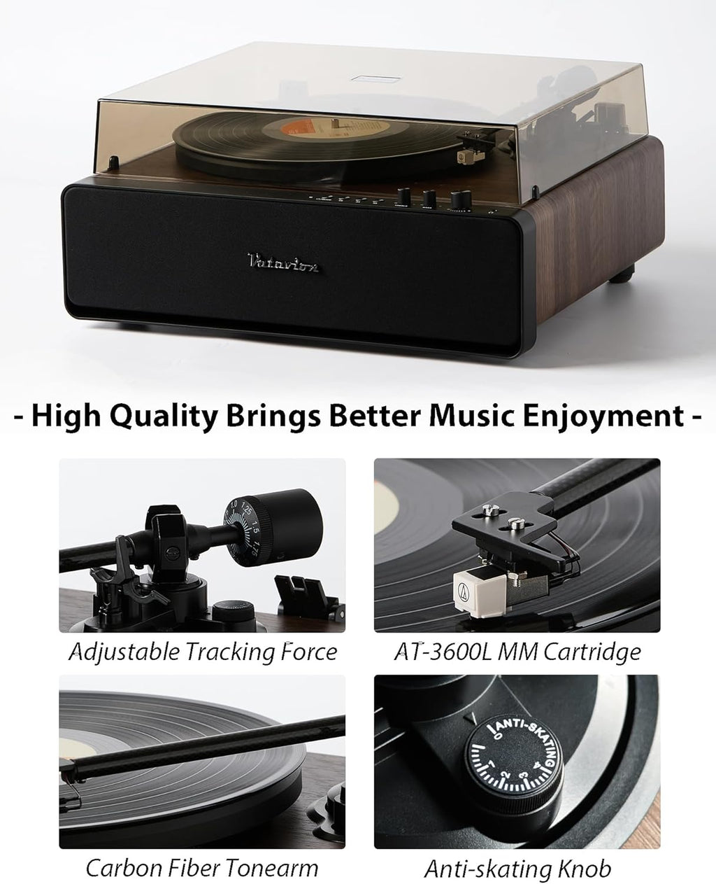 Vinyl Record Player, High Fidelity Belt Drive Turntable for Vinyl Records 33/45 RPM with MM Cartridge AT-3600L, Phono Preamp, Bluetooth Record Player with LED Light, Auto Off (Walunt Wood)