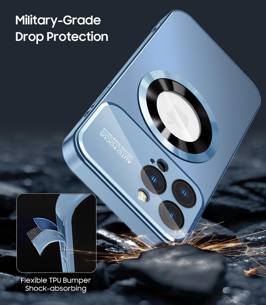 Magnetic for iPhone 13 Pro Case, Built-in Camera Lens Protector, Compatible with MagSafe, Logo View, Military Grade Protective Phone Cover, Sierra Blue
