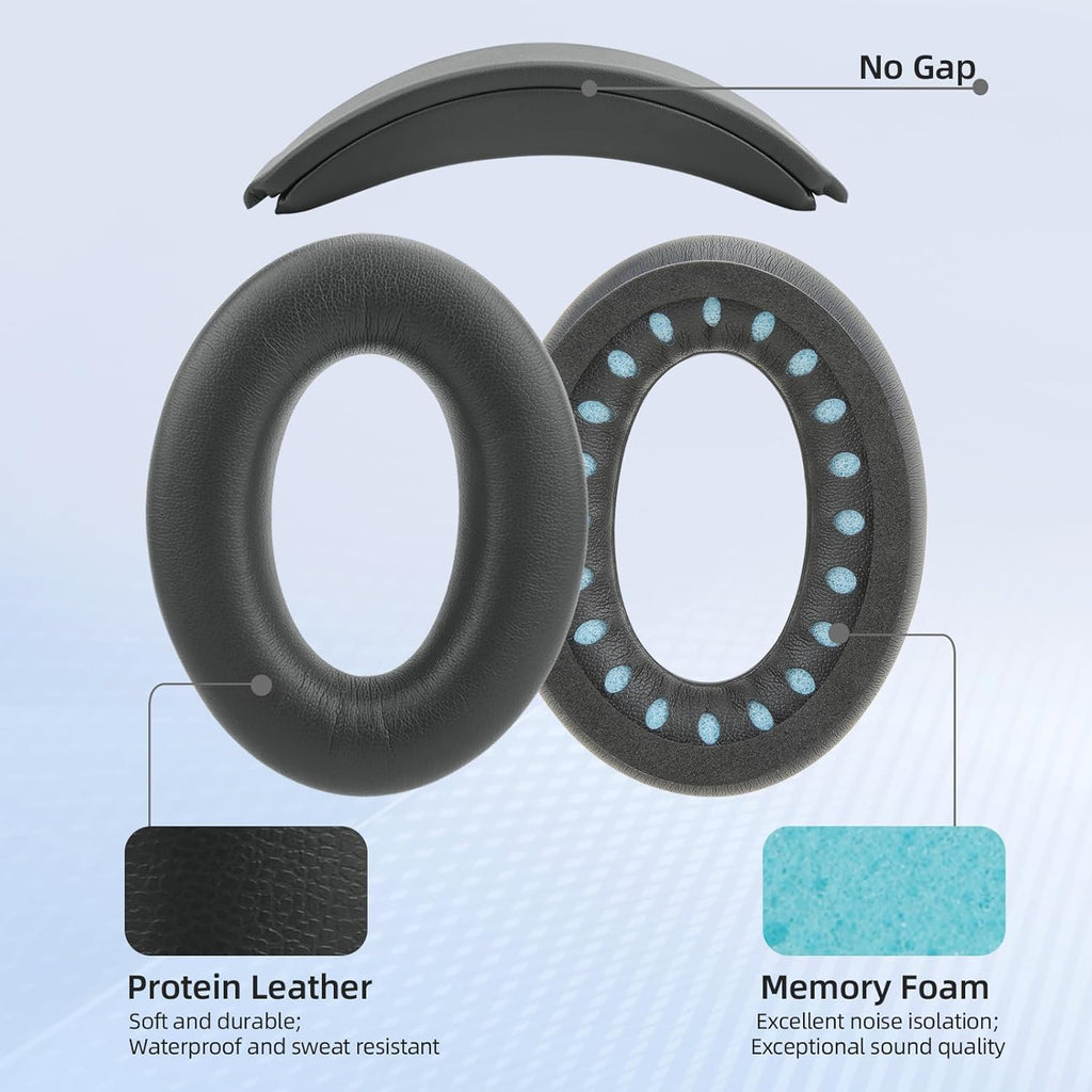 Ear Cushion and Protein Leather Replacement Headband Pad Kit for Bose QuietComfort 35 45 QC35 QC45 with Noise Isolation Memory Foam (Dark Gray)