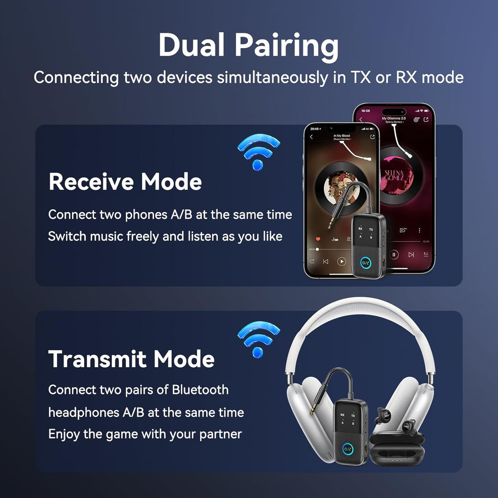 Bluetooth 5.2 Transmitter Receiver aptX Adaptive/Low Latency/HD Bluetooth Adapter Support 2 AirPods Phones, Wireless Audio Receiver 3.5mm Aux Headphone Jack Adapter for Airplane Travel/TV/Home Stereo