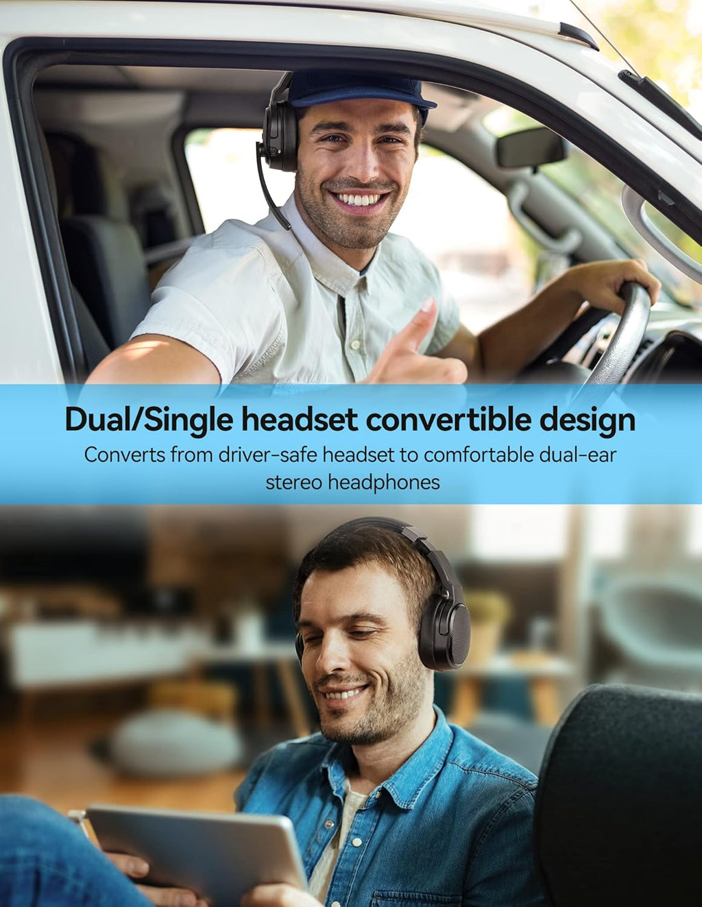 TECKNET Bluetooth Trucker Headset, Single and Dual Ear Wireless Headset with Mic for Work Noise Cancelling, 50Hrs 3 EQ Music Modes Trucker Bluetooth Headphones for PC, Drivers, Office, Call Center