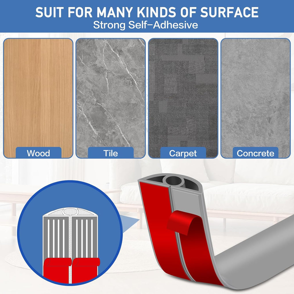 Floor Cord Cover Self Adhesive Cord Hider Floor Extension Cord Covers for Floor Power Cord Protector Cable Management Prevent Cable Trips Cable Cavity 0.32" W x 0.32" H (Grey, 20Ft)