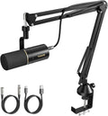 TONOR Dynamic Microphone, XLR/USB Microphone for Podcast, Recording, Streaming, Gaming, XLR Cardioid Studio Mic with Quick Mute, 3.5mm Headphone Jack, Volume Control, Mic with Boom Arm, White, TD510+