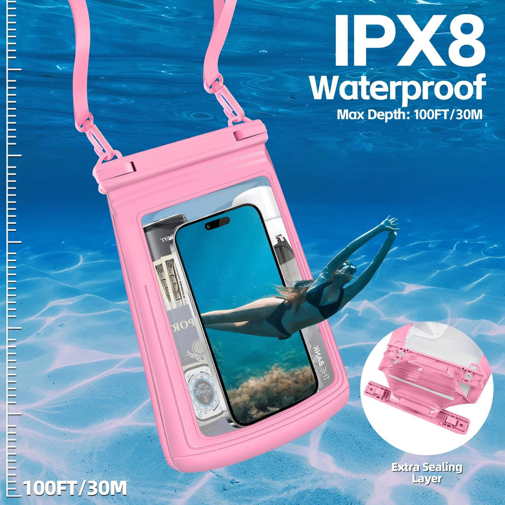 2L Floating Waterproof Phone Pouch for Up to 7.5", Large Space Adjustable Neck Lanyard Waterproof Bag. Dry Bag for Family Vacations, Beach, Pools, Kayaking, Cruises (Pink)