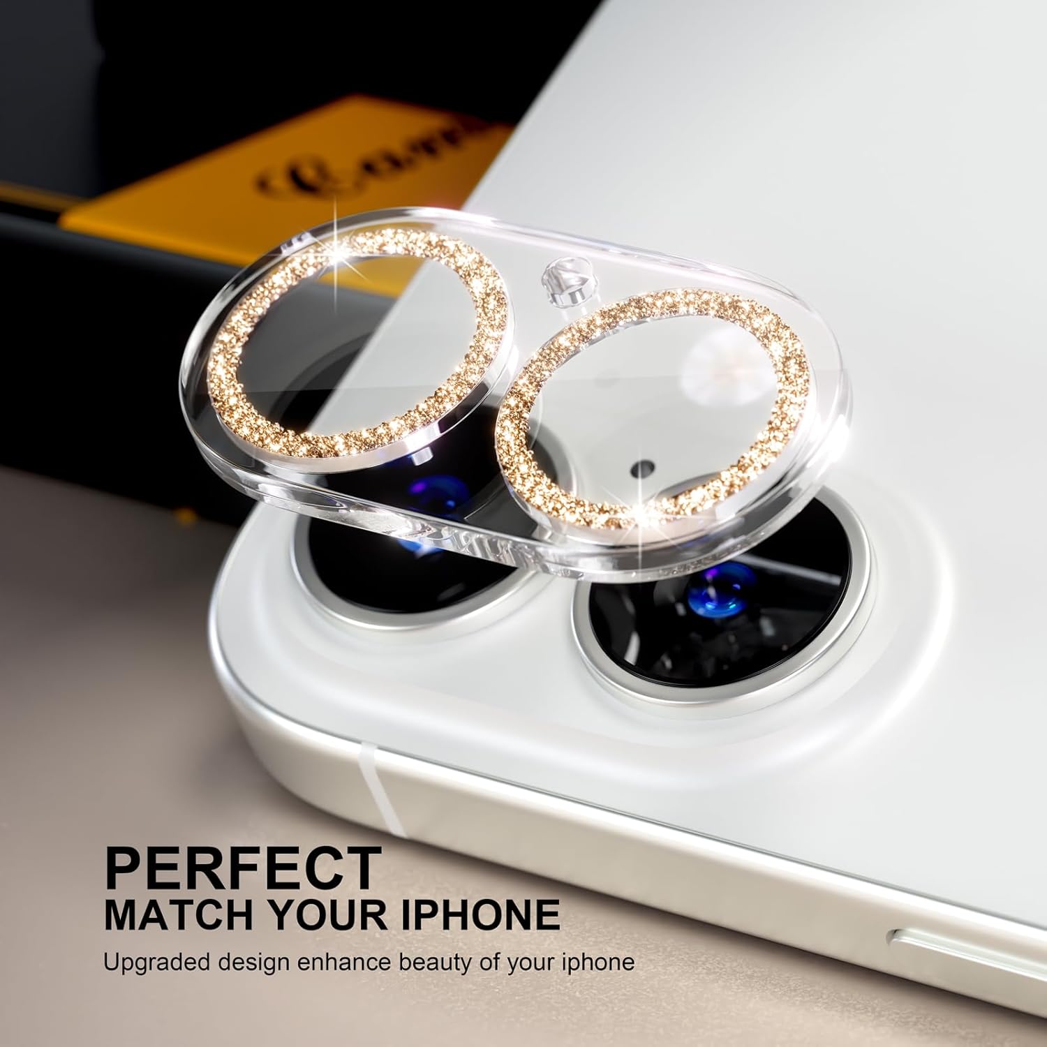 beuxece for 6 Pack iPhone 16 / iPhone 16 Plus Camera Lens Protector [Drop Protection] [Case Friendly] [Easy Installation] 9H Tempered Glass Camera Screen Protector Cover Accessories, Glitter Gold