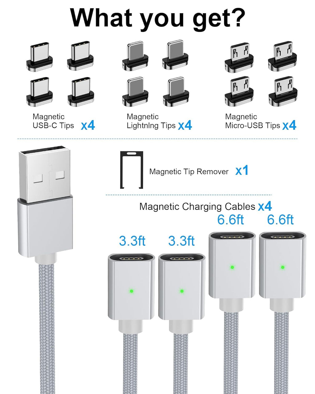 ZBF Magnetic Charging Cable 3A Fast Charging (4-Pack, 3.3/3.3/6.6/6.6 ft) 3 in 1 Magnetic Phone Charger, 480Mbps Data Transfer, USB A to Type C Charger Cable USB-C/Iproduct Micro USB Device - Silver