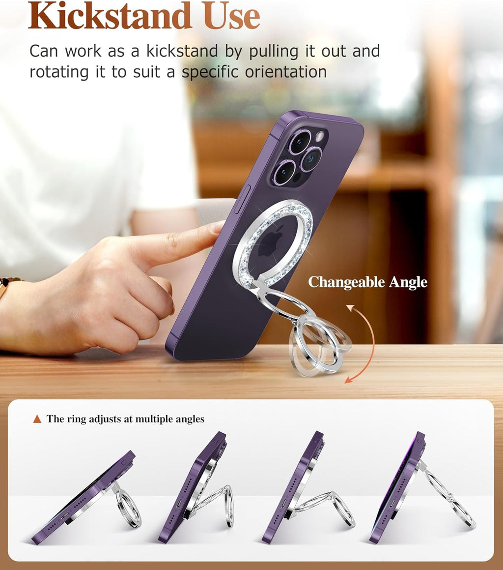 GVIEWIN Magnetic Phone Ring Holder, Compatible with MagSafe Phone Grip with Adjustable Stand, Magnet Phone Ring Kickstand for iPhone 16 Pro Max/Plus/15/14/13/12 Series/Other Phones (Glitter/Silver)