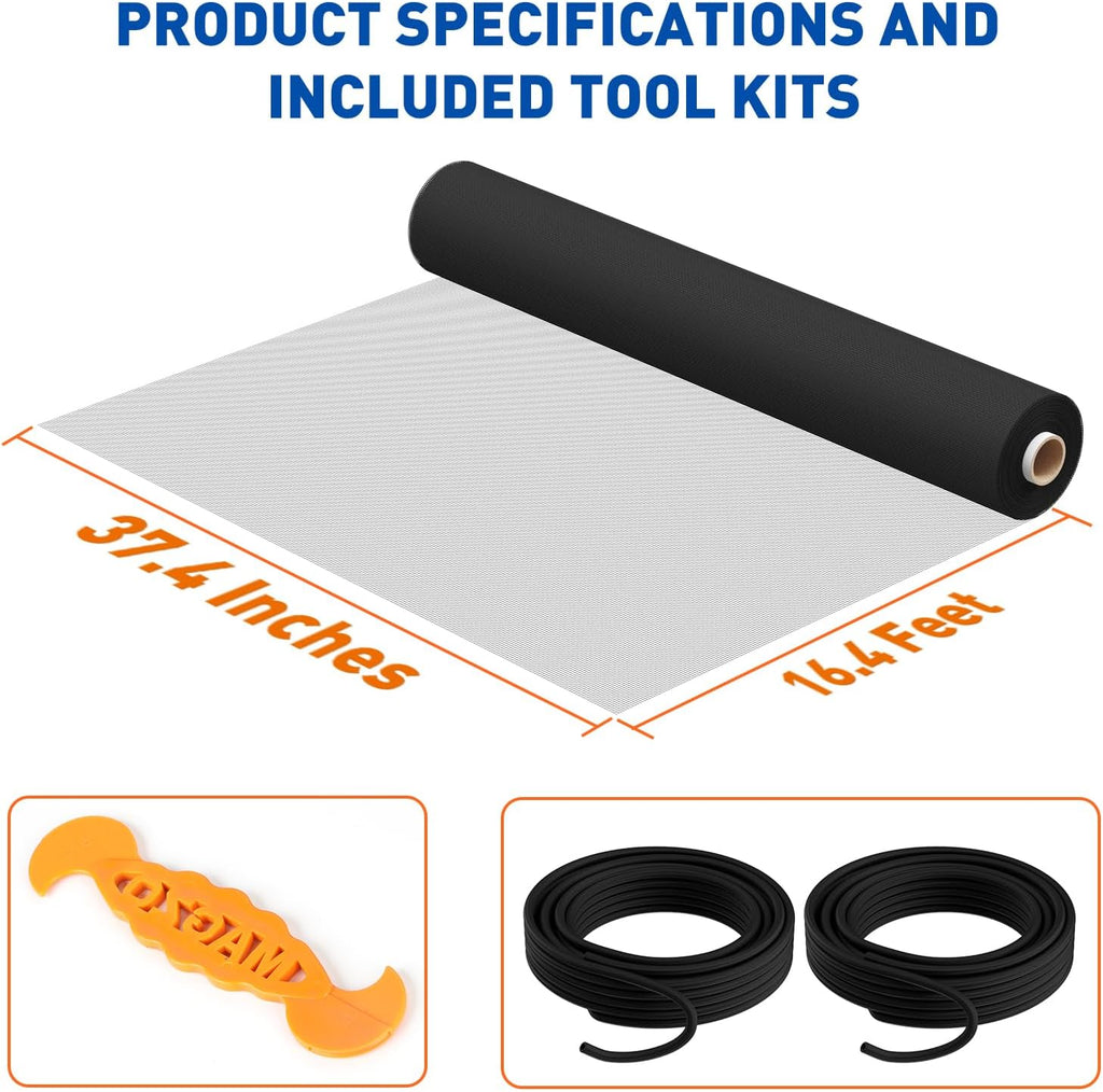 MAGZO Window Screen Replacement Mesh Roll, 37.4in × 16.4ft Upgraded Density 48x48 Mesh 0.12mm WD High Definition Siftproof Screen for Porch Doors Repair Kit, Ideal for Patio, Sliding Doors