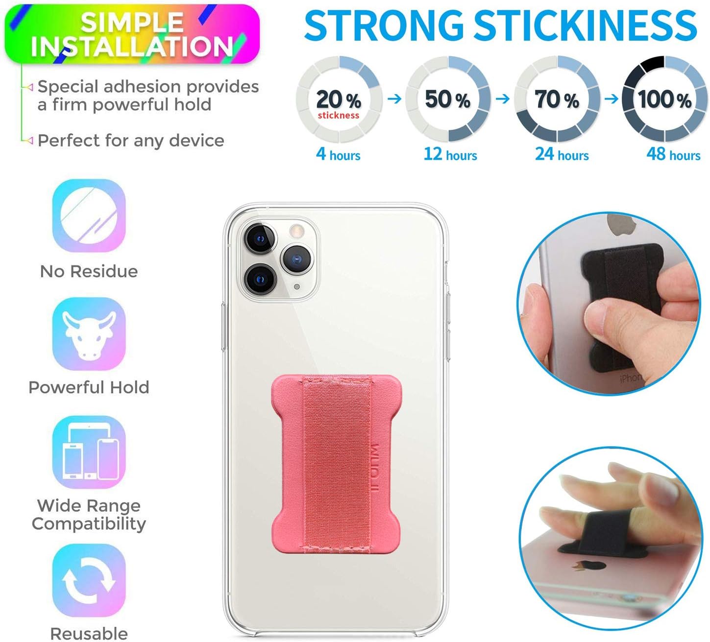 Universal Phone Grip for Smartphones - Phone Holder for Hand for Back of Phone - Wireless Charging Compatible (Black Pink) - 2Pack