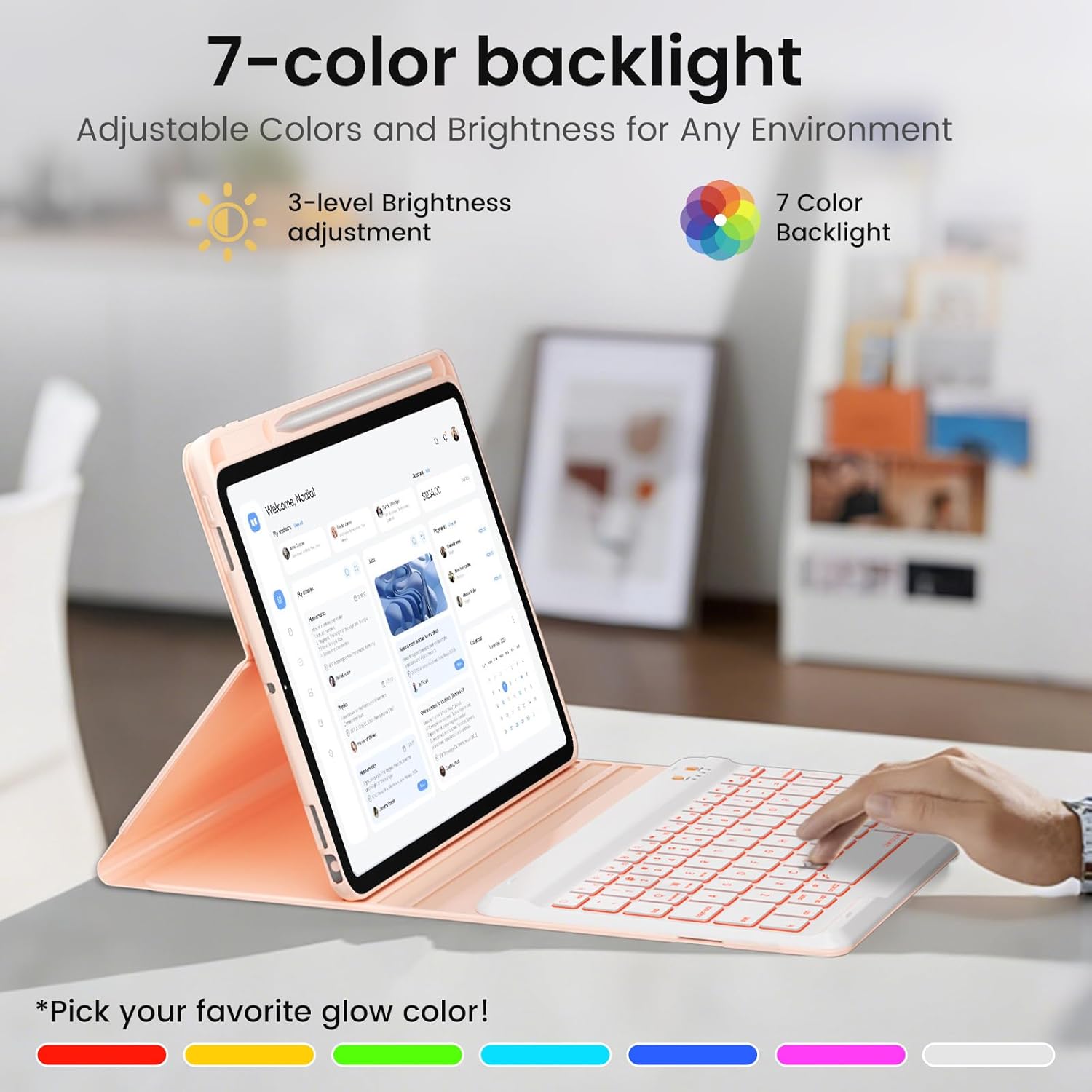 BLUTLOTUS for iPad 11th A16 10th Generation Case with Keyboard - 7 Colors Backlit Wireless Detachable Folio Keyboard Cover with Pencil Holder for iPad 11'' A16 2025 10th Gen 10.9 Inch 2022 (Pink)