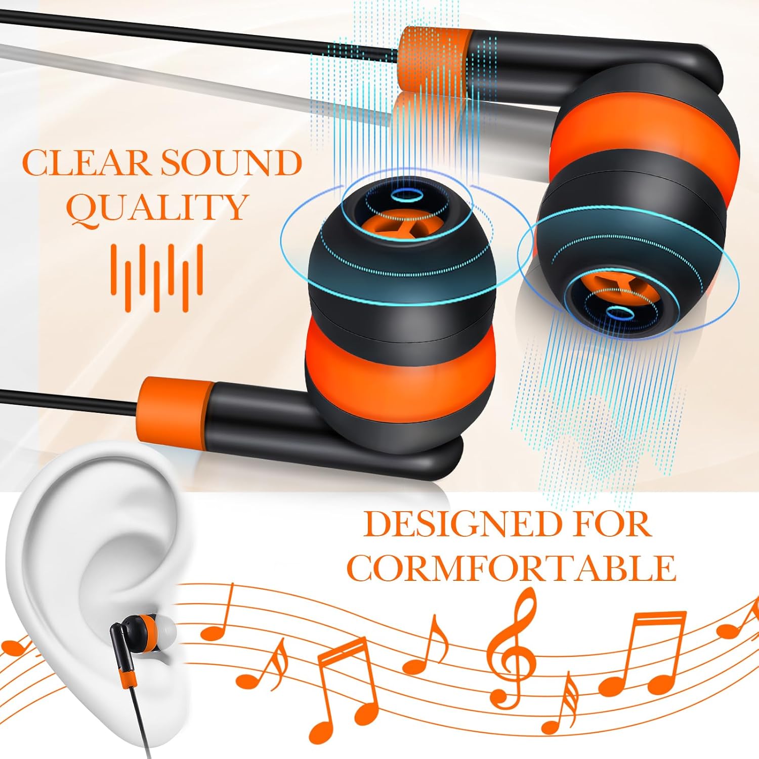 Kanayu 100 Pack Wired Earbuds Bulk for Classroom Ear Headphones Wired Basic Student Earbuds No Microphone with 3.5mm Jack for Kids Class Laptop School Library, Individually Bagged(Orange)