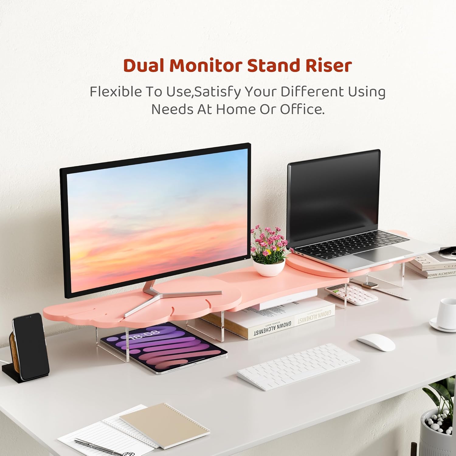 Dual Monitor Stand Riser,Wing-Shaped Sturdy Desktop Computer Wood Stand for 2 Monitors Cute Monitor Riser for Laptop, PC, Computer,Pink