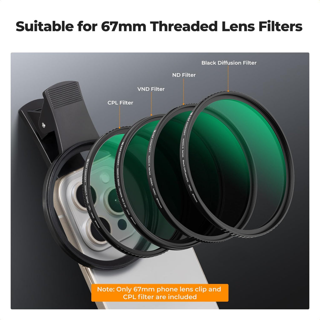 K&F Concept 67mm Clip-on CPL Phone Camera Lens Filter Kit, Circular Polarizer Polarizing Filter Compatible with iPhone 16 15 14 13 12 11