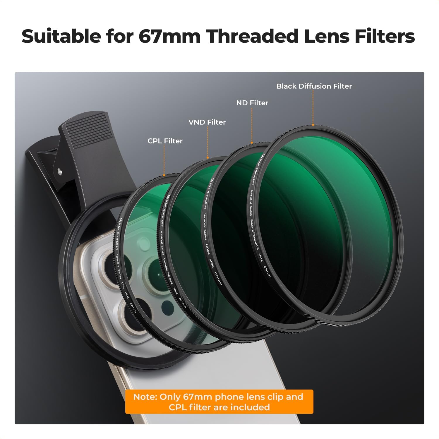 K&F Concept 67mm Clip-on CPL Phone Camera Lens Filter Kit, Circular Polarizer Polarizing Filter Compatible with iPhone 16 15 14 13 12 11