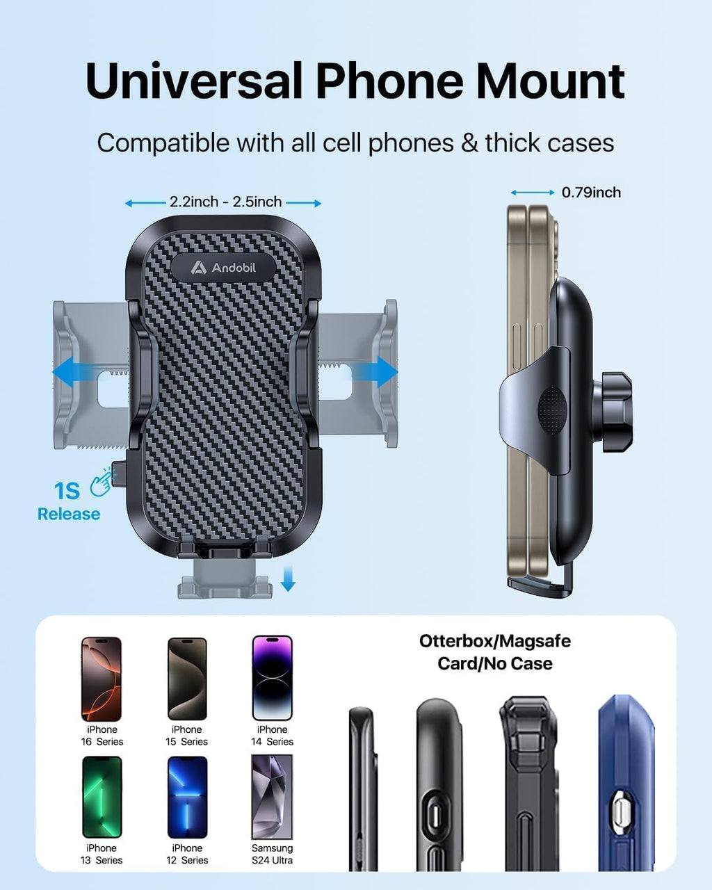 andobil Car Phone Holder, 2025 Military-Grade 85lbs Strongest Suction Phone Holders for Your Car Dashboard/Windshield/Vent Easy Clamp Cellphone Holder Truck Stand for iPhone 16 15 14 Pro Max Samsung