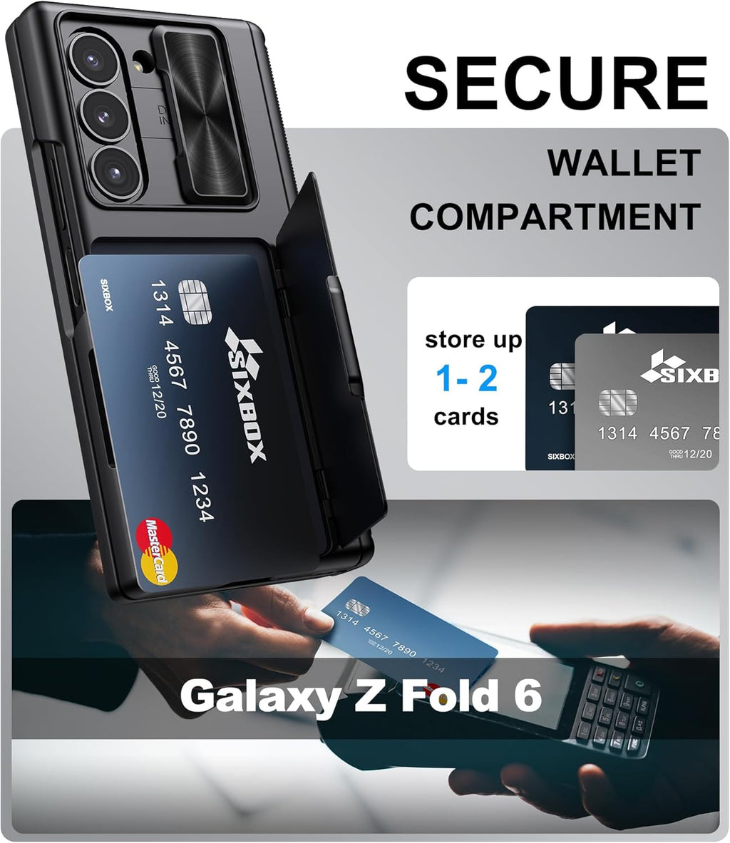 for Samsung Galaxy Z Fold 6 Case with Card Holder & Slide Camera Cover, Built-in Screen Protector & Hinge Protection, Shockproof Durable Wallet Phone Cover Case for Galaxy Z Fold 6 2024, Black
