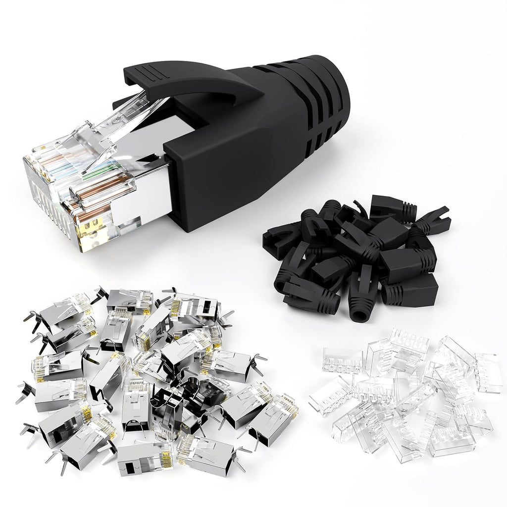VCE RJ45 Connectors CAT7/CAT6A UL-Listed 30-Pack Non-Pass-Thru, Shielded Modular Plugs Gold Plated Network Ends for 23AWG Ethernet Cable with Strain Relief Boots - Black