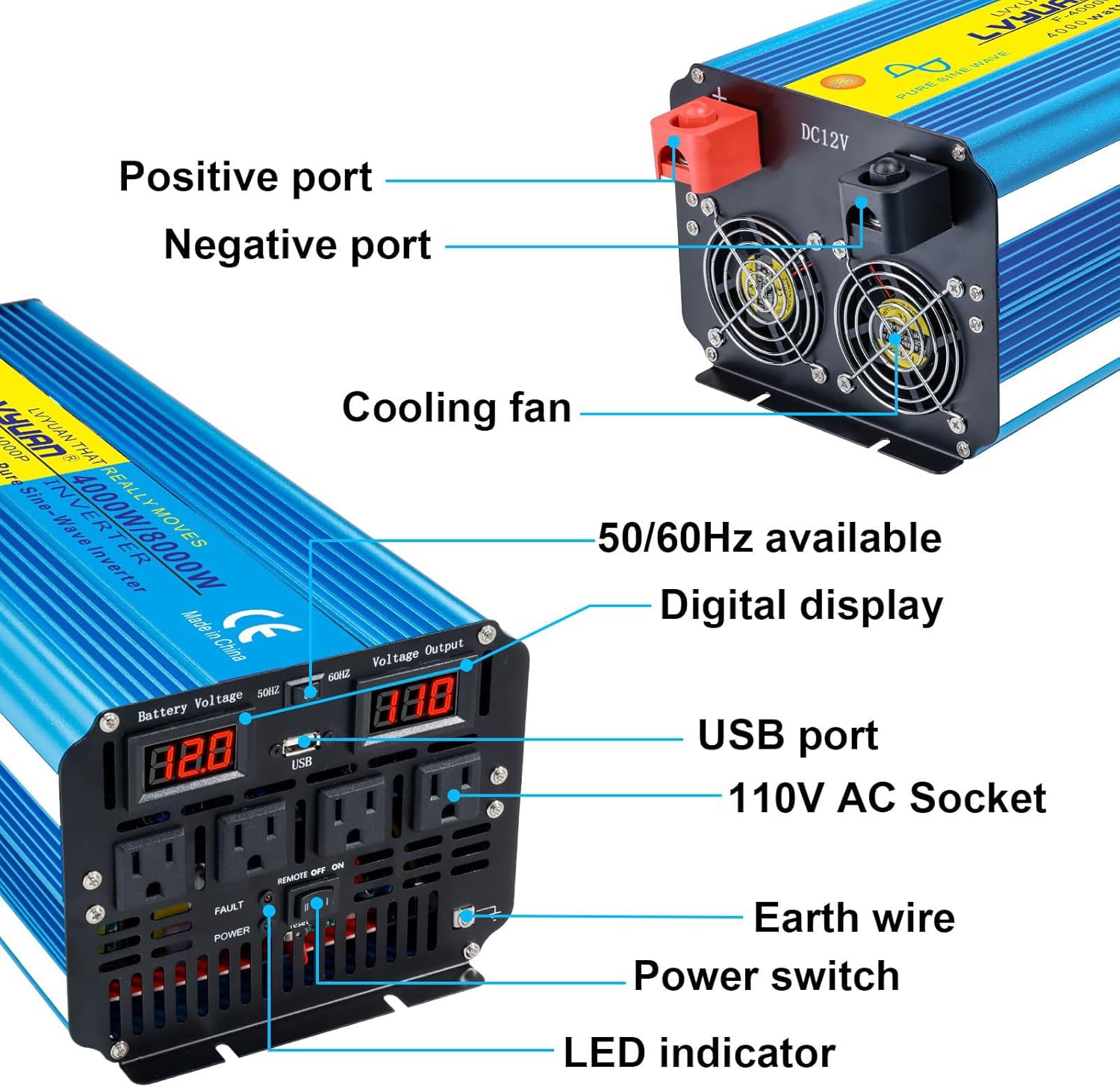Yinleader 4000W Pure Sine Wave Power Inverter 12V DC to AC 110V-120V Converter for Family Vehicle RV Truck Solar System/Road Trip/Camp/Emergency w/4 AC Charger Outlets LED Display Remote Controller