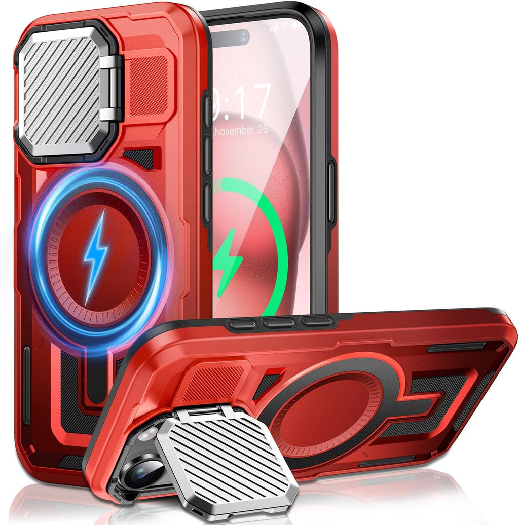 Camera Stand Case for iPhone 15 Plus, [Compatible with Mag Safe] [Lens Cover] 2024 Version Military Grade Protective Soft Case for iPhone 15 Plus 6.7 inch Men Women, Red