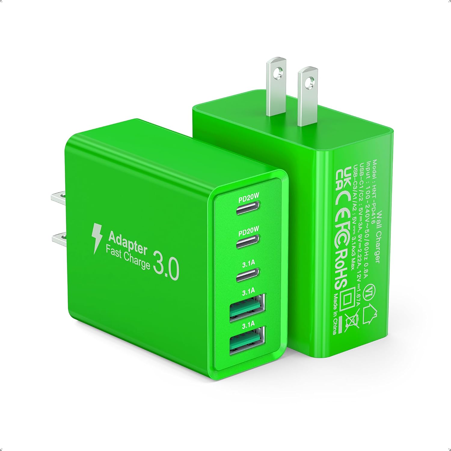 2 Pack 50W USB C Fast Charger Block,5-Port Type C Wall Charger Brick,2 USB A & 3 USB C PD3.0 Power Adapter Multiport Charging Plug Box for iPhone 12/13/14/15/16,Pad Mini/Pro, Cellphones(Green)