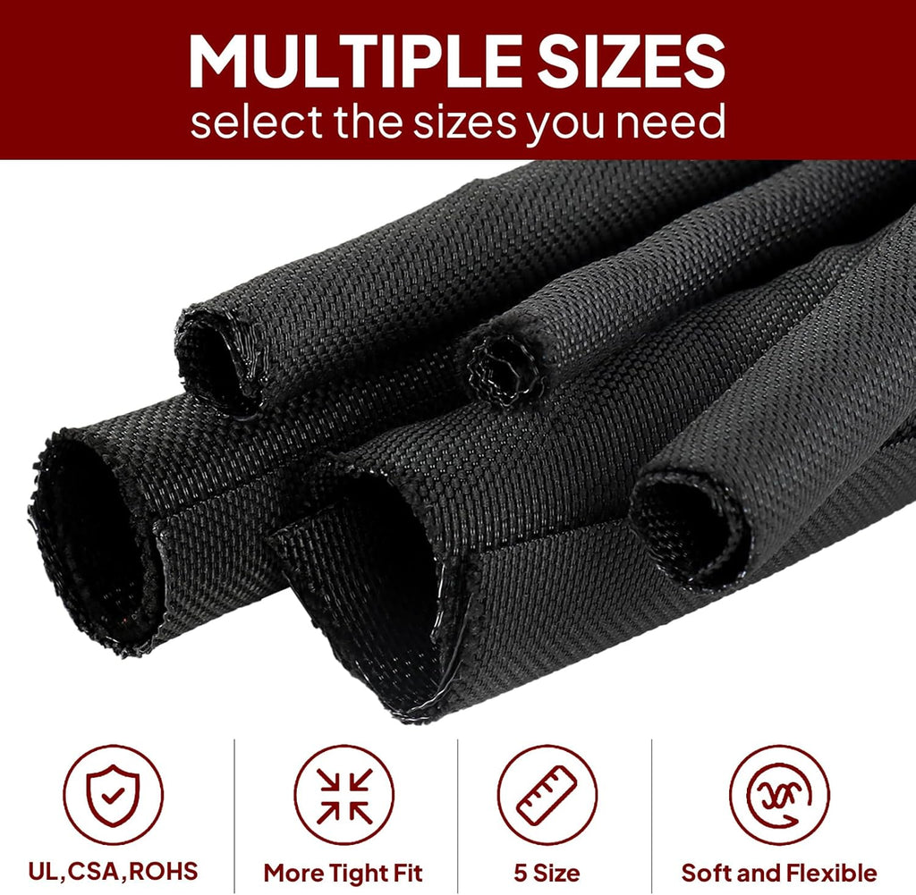 Black Braided Cable Management Sleeves Wire Loom Tubing Cord Protector Self-Wrapping (3/8"-30Feet)