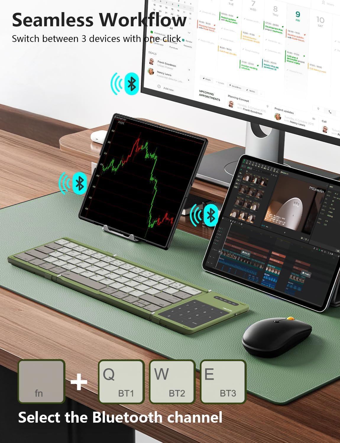 Nillkin Foldable Bluetooth Keyboard with Touchpad & Number Pad, Portable Bluetooth Keyboard with Full Size Keys, Pocket-Sized Wireless Travel Keyboards for iPad, Smartphone, Tablet and Laptop Green