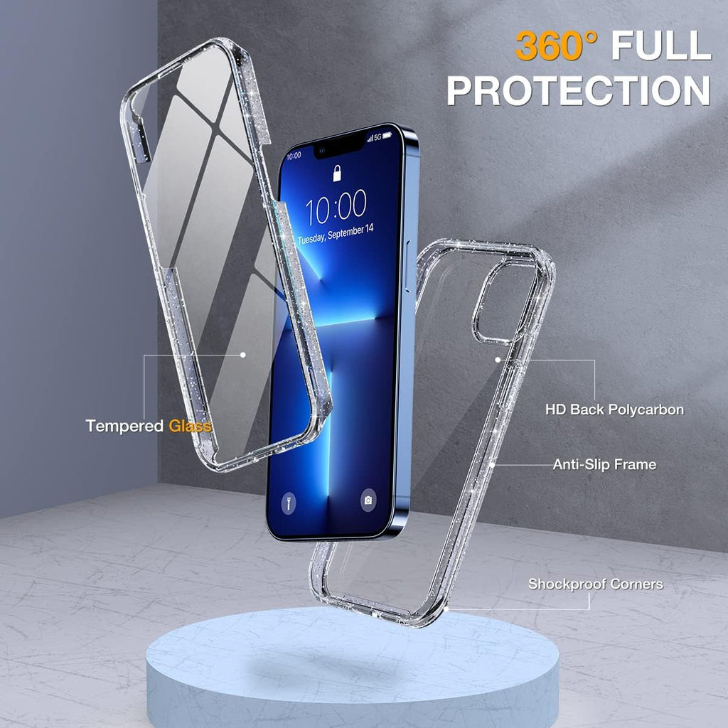 Miracase Glass Case for iPhone 13 Pro Max 6.7 inch, Upgrade Full-Body Clear Bumper Case with Built-in 9H Tempered Glass Screen Protector for iPhone 13 Pro Max, Clear Glitter