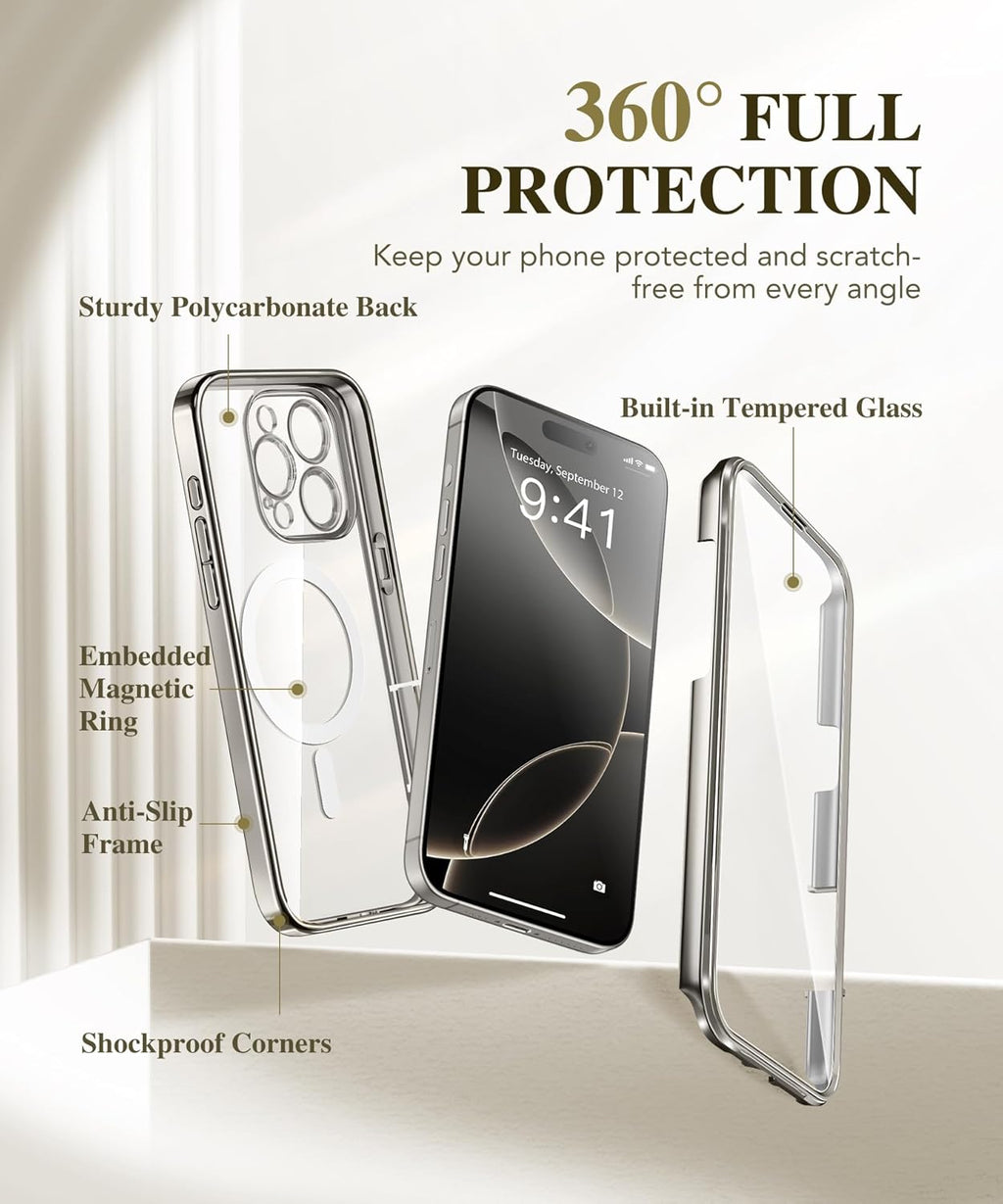 BERFY Magnetic for iPhone 16 Pro Case, Compatible with Magsafe, Built-in 9H Tempered Glass Screen Protector & Upgraded Camera Protection, Full-Body Plating Shockproof Phone Case for 16 Pro 6.3", Grey