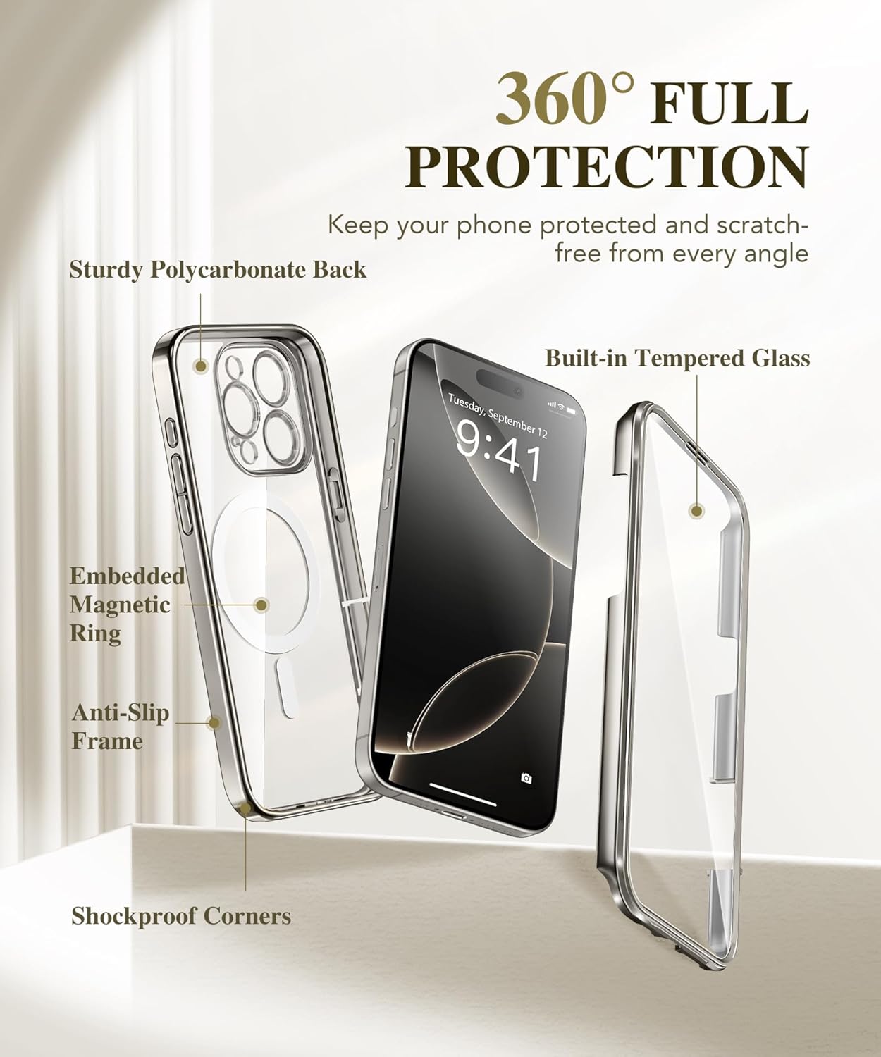 BERFY Magnetic for iPhone 16 Pro Case, Compatible with Magsafe, Built-in 9H Tempered Glass Screen Protector & Upgraded Camera Protection, Full-Body Plating Shockproof Phone Case for 16 Pro 6.3", Grey