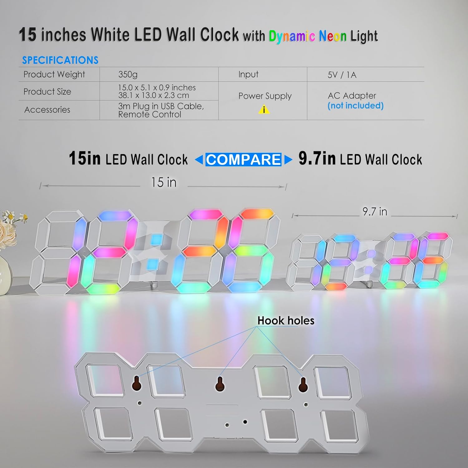 KOSUMOSU LED Wall Clock 15" RGB Digital LED Clock for Living Room Decor, Large Display Gaming Room Clocks, Dimming/12/24 Hr Time/Date/Temp/Remote (White Clock with Neon Light)