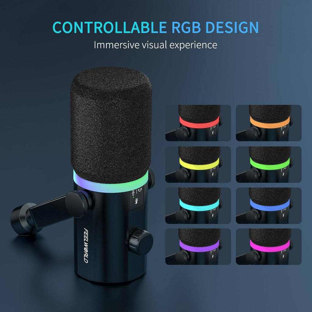 FEELWORLD PM1 XLR USB Dynamic Microphone Gifts for Podcast Recording PC Computer Gaming Live Streaming Vocal Voice-Over, Studio Metal Mic with Voice-Isolating, RGB Light, Mute Button, Headphones Jack