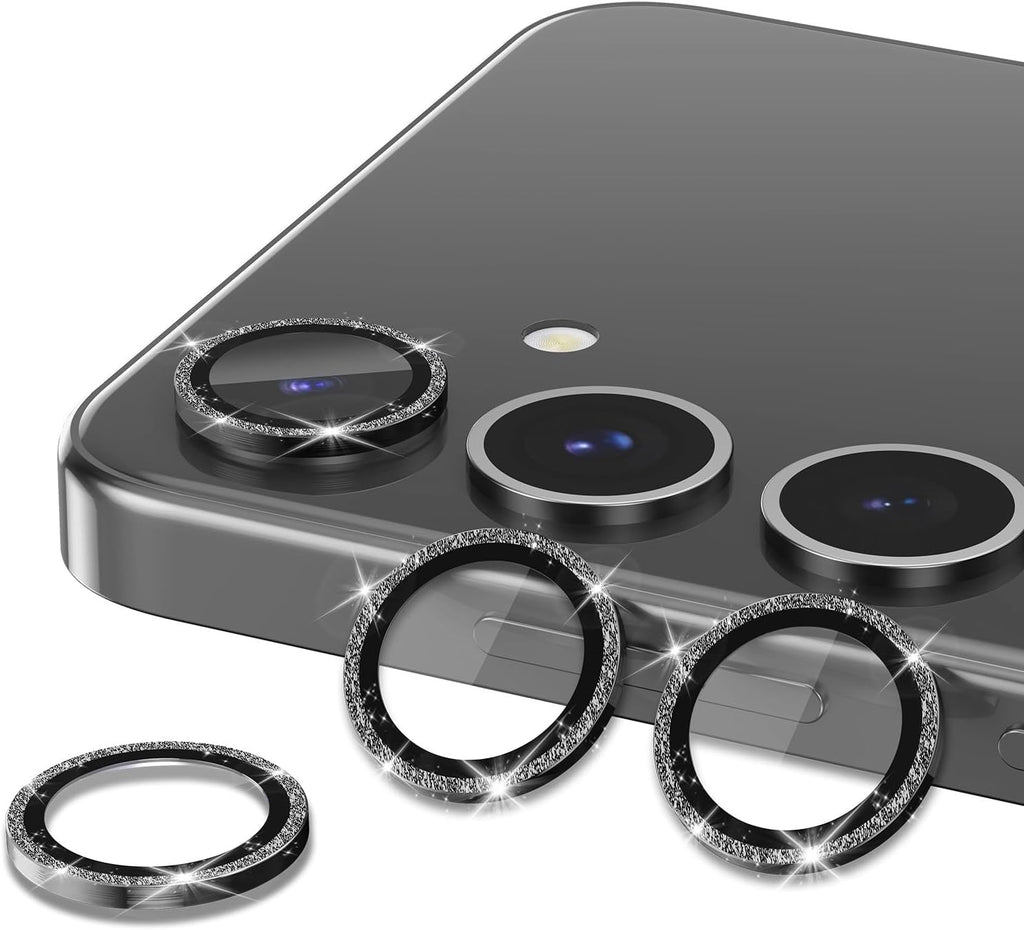 for Samsung Galaxy S25 Camera Lens Protector, Individual Metal Ring Tempered Glass Lens Cover, [Strong Adsorption] Scratch Resistant Ultra-Thin HD Clear Lens Cover, 1 Set-Black Sparkly