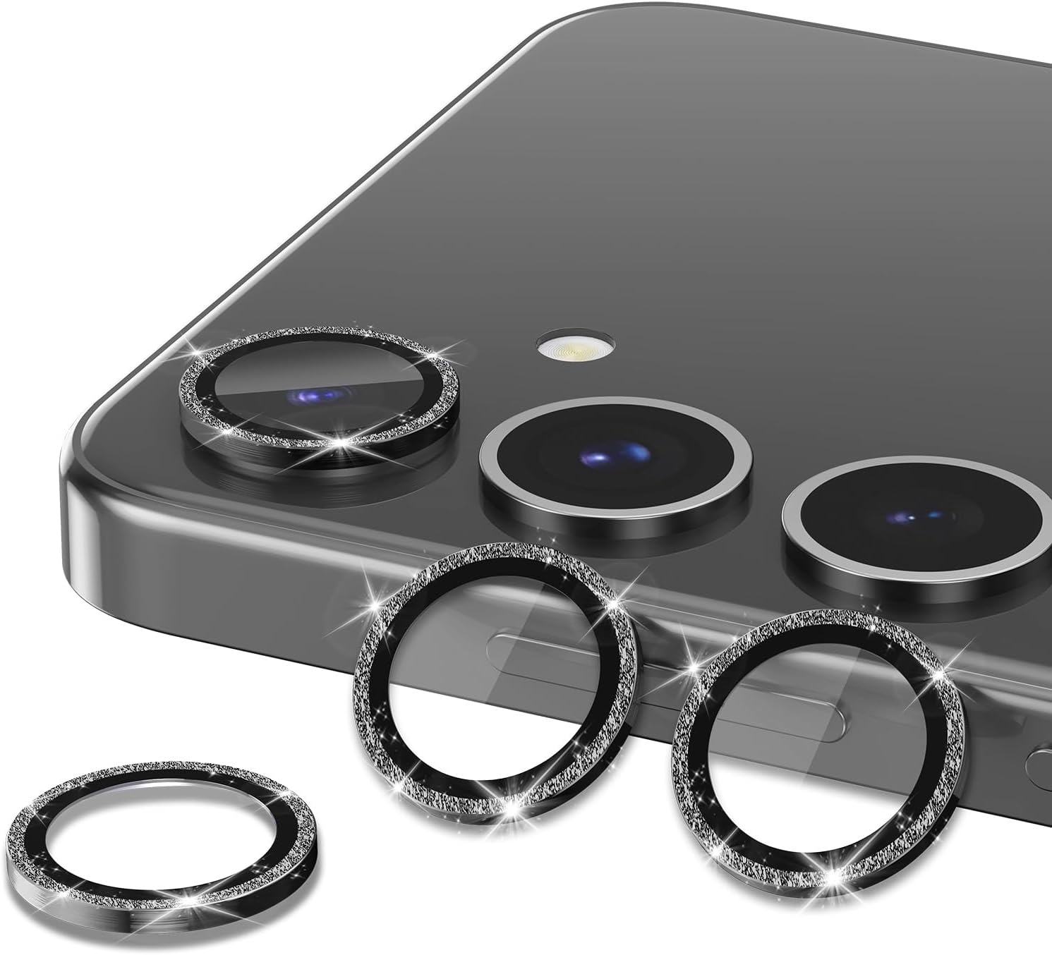 for Samsung Galaxy S25 Camera Lens Protector, Individual Metal Ring Tempered Glass Lens Cover, [Strong Adsorption] Scratch Resistant Ultra-Thin HD Clear Lens Cover, 1 Set-Black Sparkly
