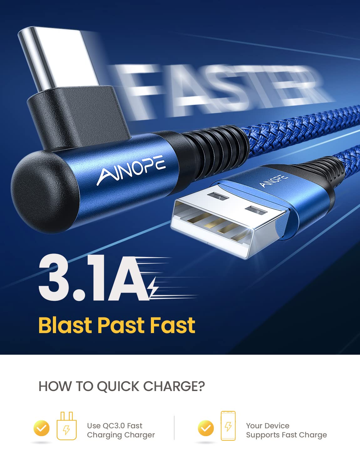 AINOPE Type C Cable [2-Pack, 6.6ft] 3.1A C Charger Cable Fast Charging Right Angle, Durable Nylon Braided USB C Cable Compatible with Galaxy S10 S9 S8 Plus S21, Note 10 9 8, LG (Blue)