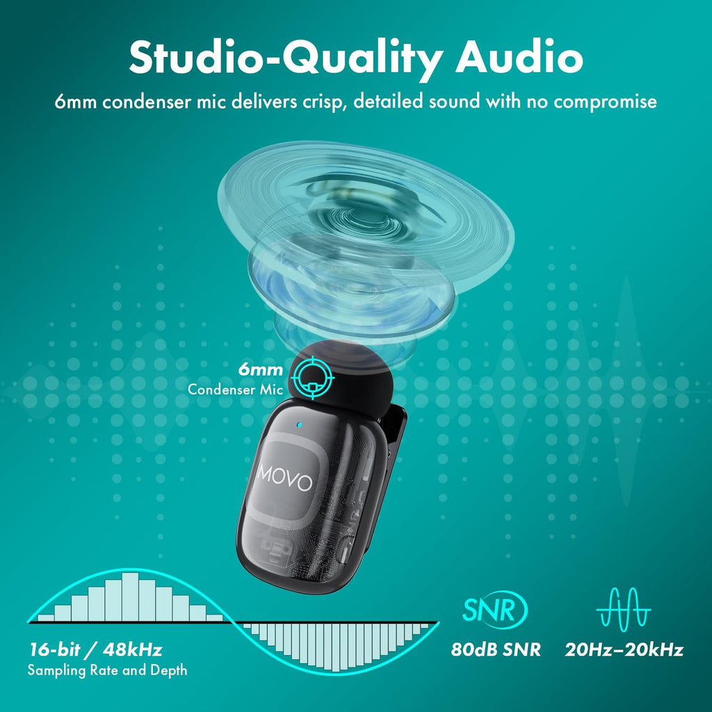 Movo NanoMic Wireless Lavalier Microphone for Camera – Clip-On TRS Wireless Mic System for DSLR, Camcorders, and Mirrorless Cameras – Dual Microphones with Charging Case for Video, Interviews