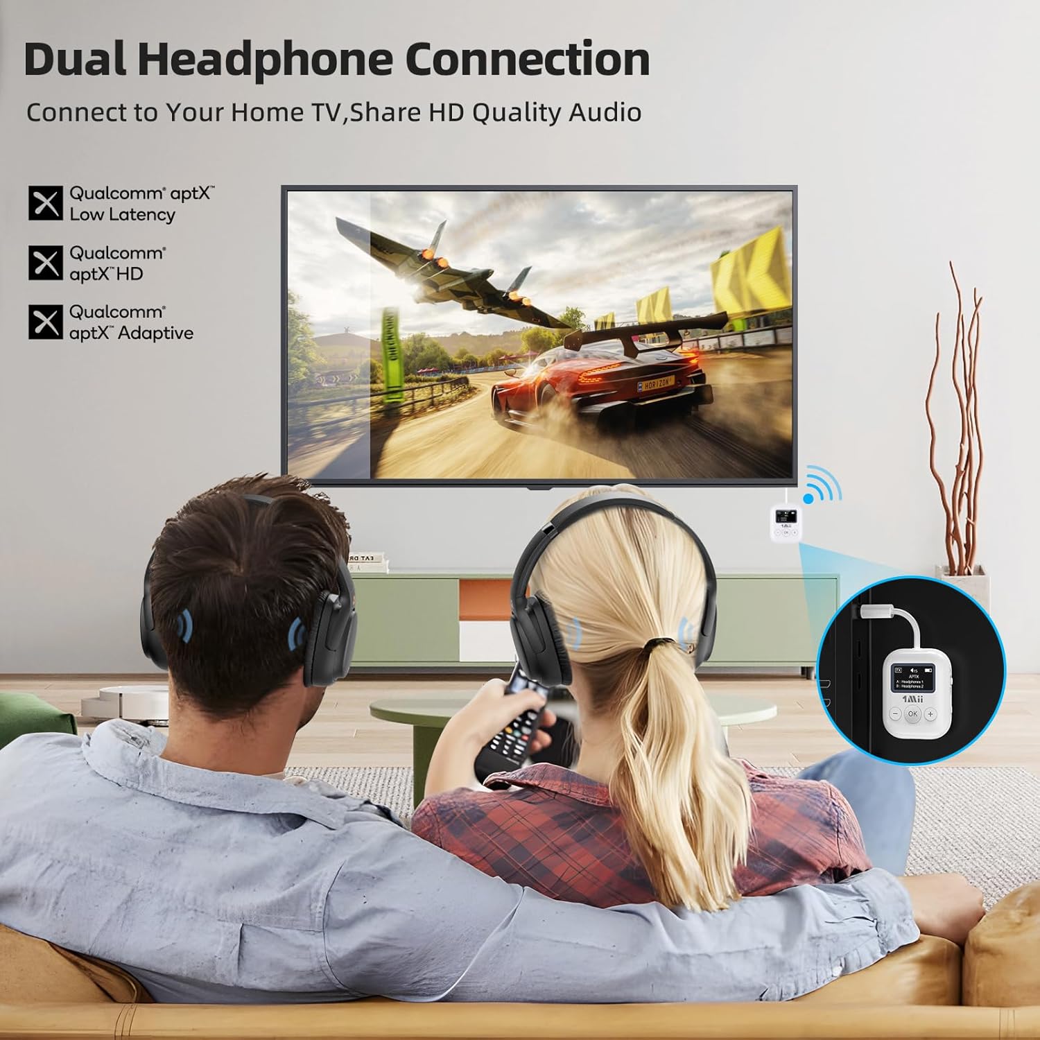 1Mii Bluetooth Transmitter for Airplane, Bluetooth 5.3 Adapter for TV,Airplane Travel Essentials, Aptx Low Latency Wireless Audio Aux for Headphones, Any 3.5mm Jack,Linking 2 Devices (White)