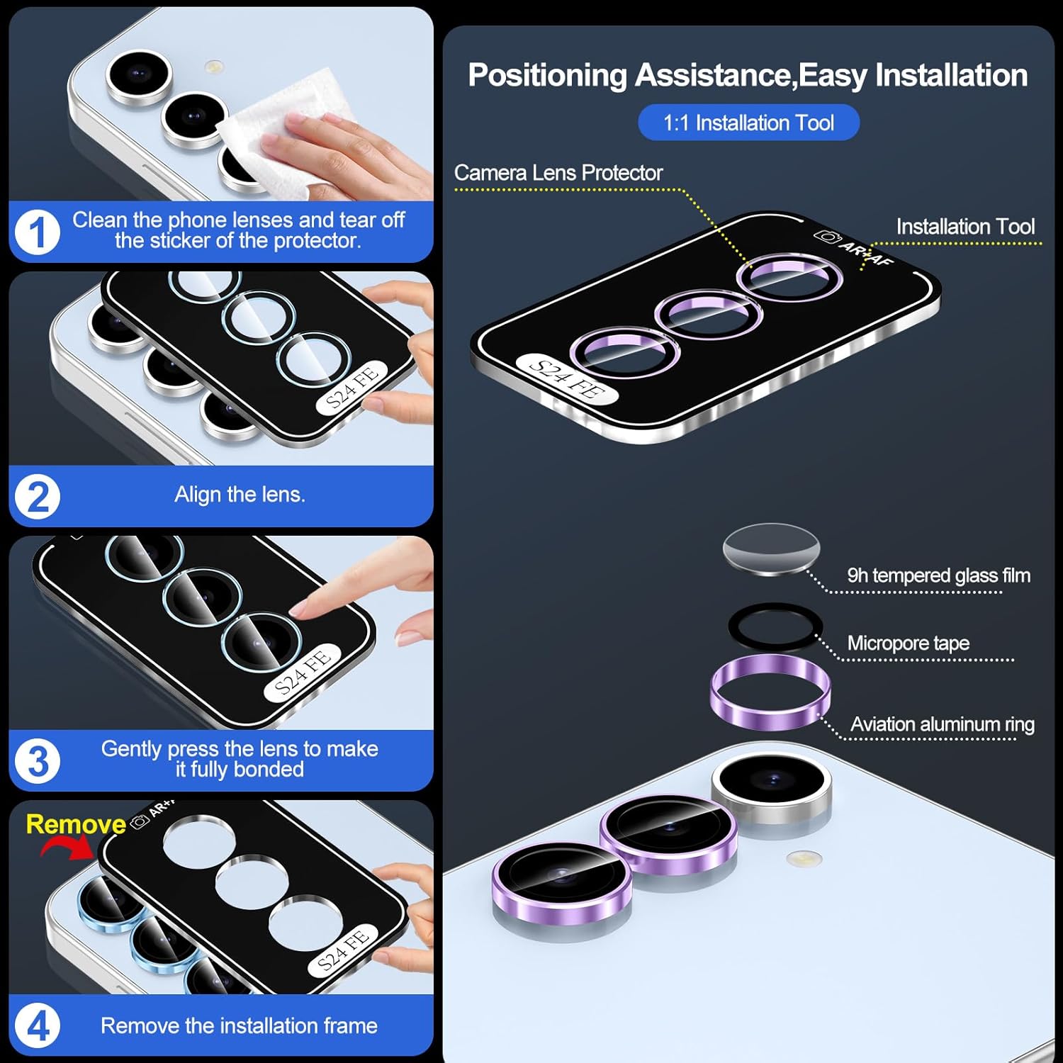 for Samsung Galaxy S24 FE Camera Lens Protector, Individual Metal Ring Tempered Glass Lens Cover, [Strong Adsorption] Scratch Resistant Ultra-Thin HD Clear Lens Cover, 1 Set-Purple Ring