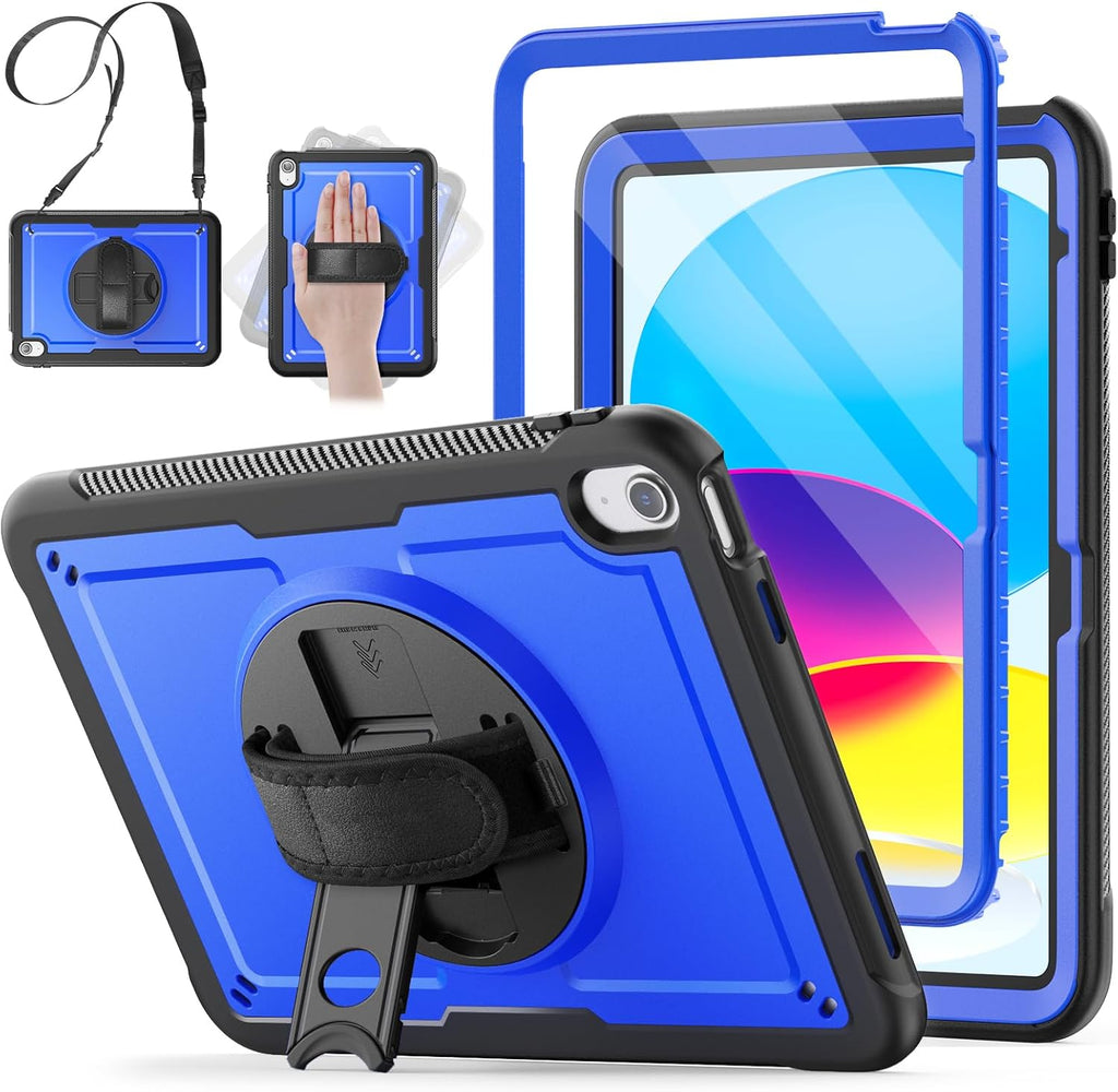 SCSVPN Case for iPad (A16) 11th Generation 11 Inch 2025 / 10th Generation 10.9 Inch 2022, Shockproof Protective Case with Screen Protector, Pencil Holder, Rotating Stand, Hand/Shoulder Strap - Blue