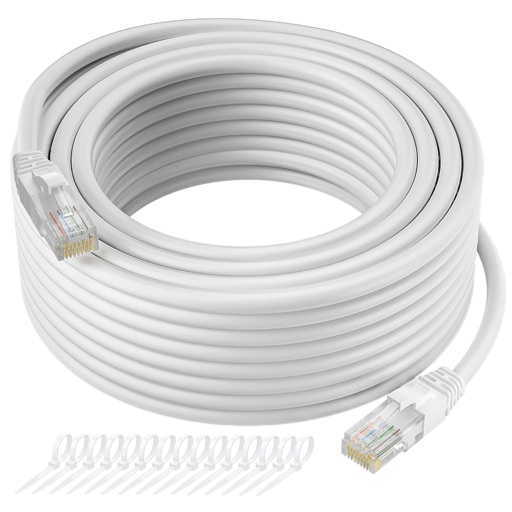 Cat5e Ethernet Cable 35 FT, Long Cat 5e Internet Cable, White Snagless Patch Cord, Flexible, Network, LAN, PoE, Standard RJ45 Connector for PC, Server, Router, Modem, TV, PS5 - with 15 Cable Ties