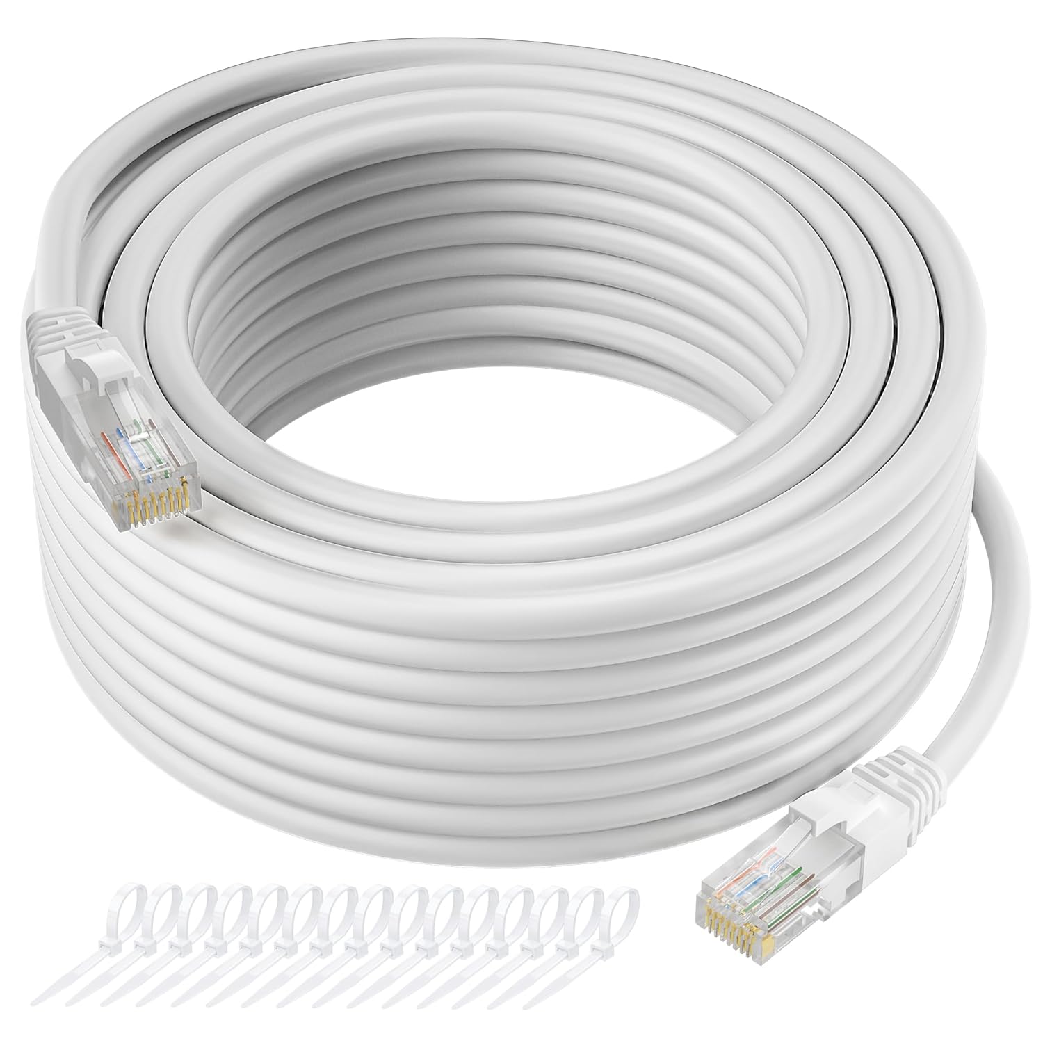 Cat5e Ethernet Cable 35 FT, Long Cat 5e Internet Cable, White Snagless Patch Cord, Flexible, Network, LAN, PoE, Standard RJ45 Connector for PC, Server, Router, Modem, TV, PS5 - with 15 Cable Ties