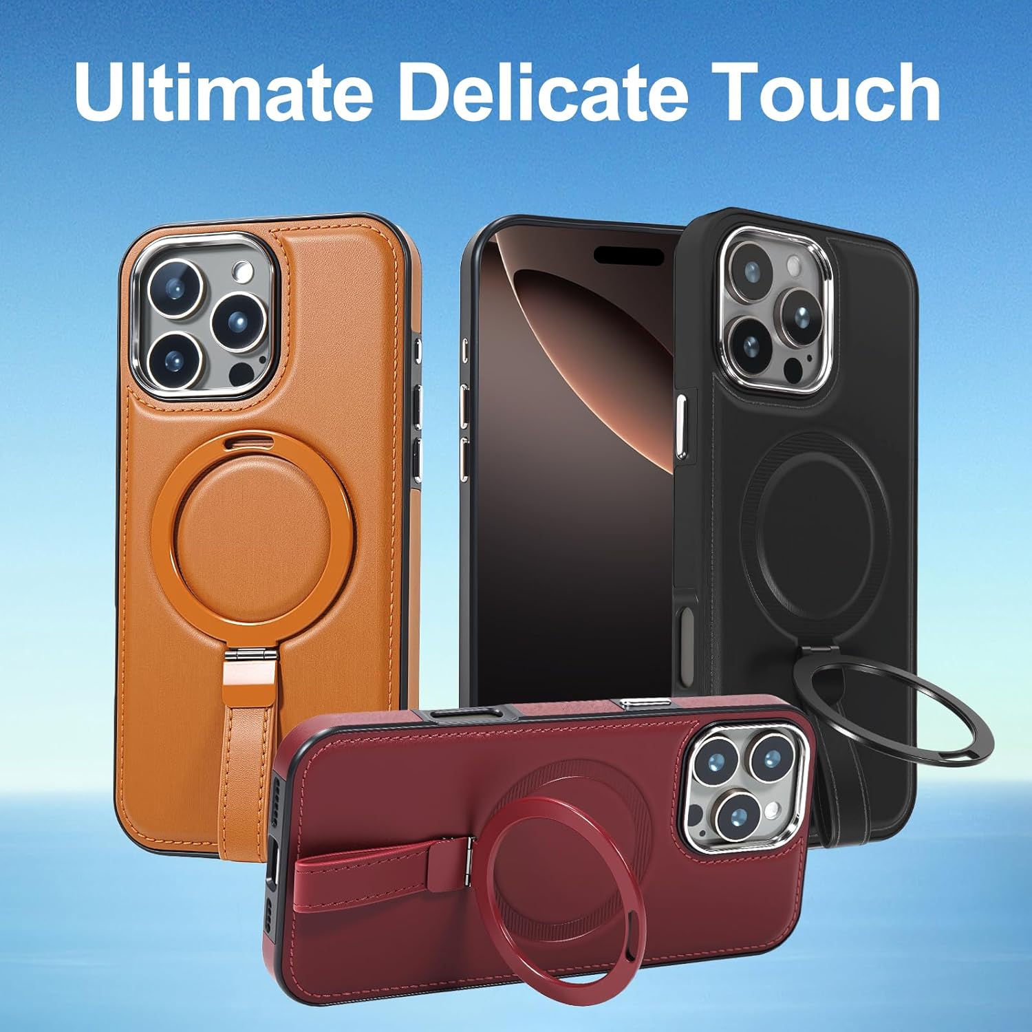 Leather Case, Suitable for iPhone 16 Case, Invisible Magnetic Design, Equipped with a Lanyard and Foldable Stand, Black, Yellow and red (Yellow, iPhone 16)