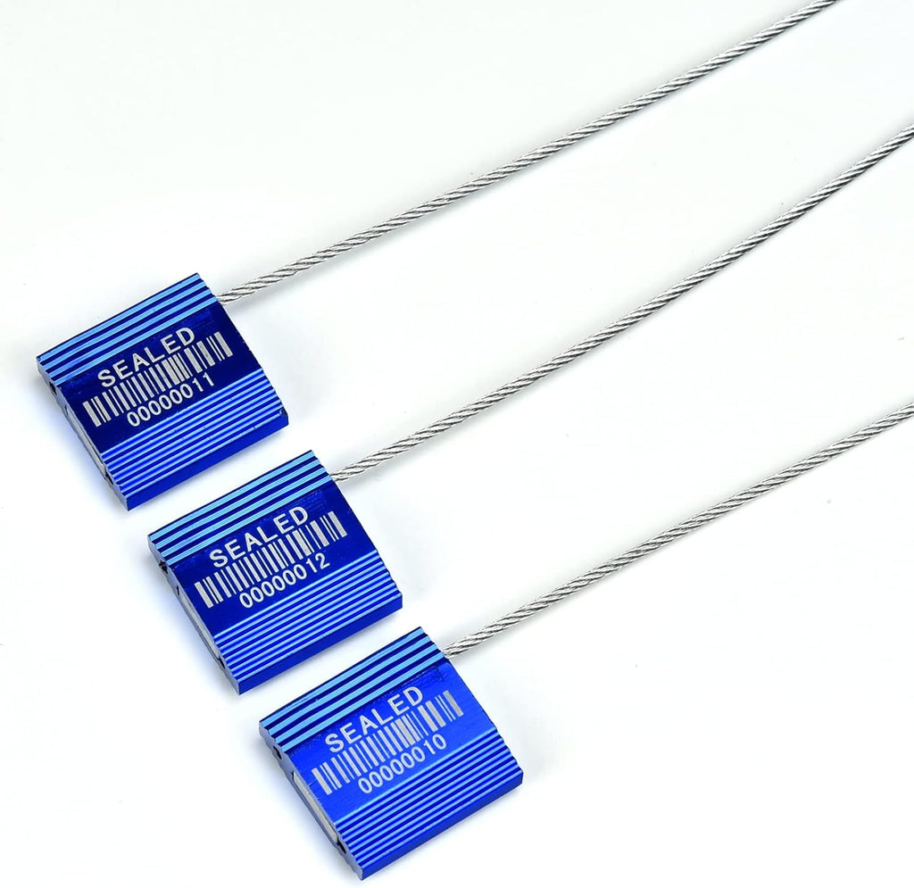 50 Blue High Security Cable Seals With Barcode - Pull Tight Numbered Steel Anti-Tamper Shipping Self-Locking Tags for Logistics - ISO 17712 Certificated
