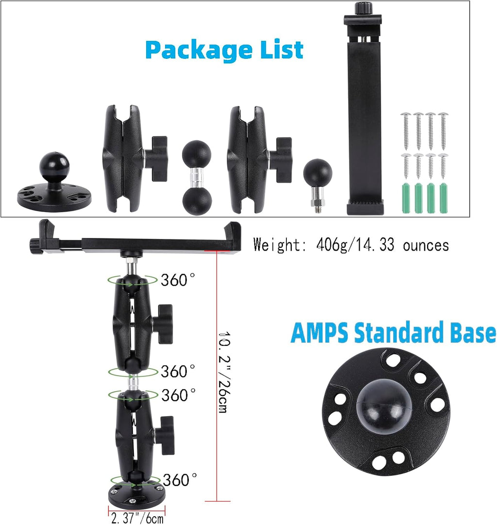 Aluminum Heavy Duty Drill Base Car Tablet Mount for 6.5"-12.9" Tablets/iPad Pro/Mini/Samsung Tab/Surface, 360° Adjustable 2-Stage Tablet Holder for Truck, Business Vehicle, Desktop, Wall, etc.