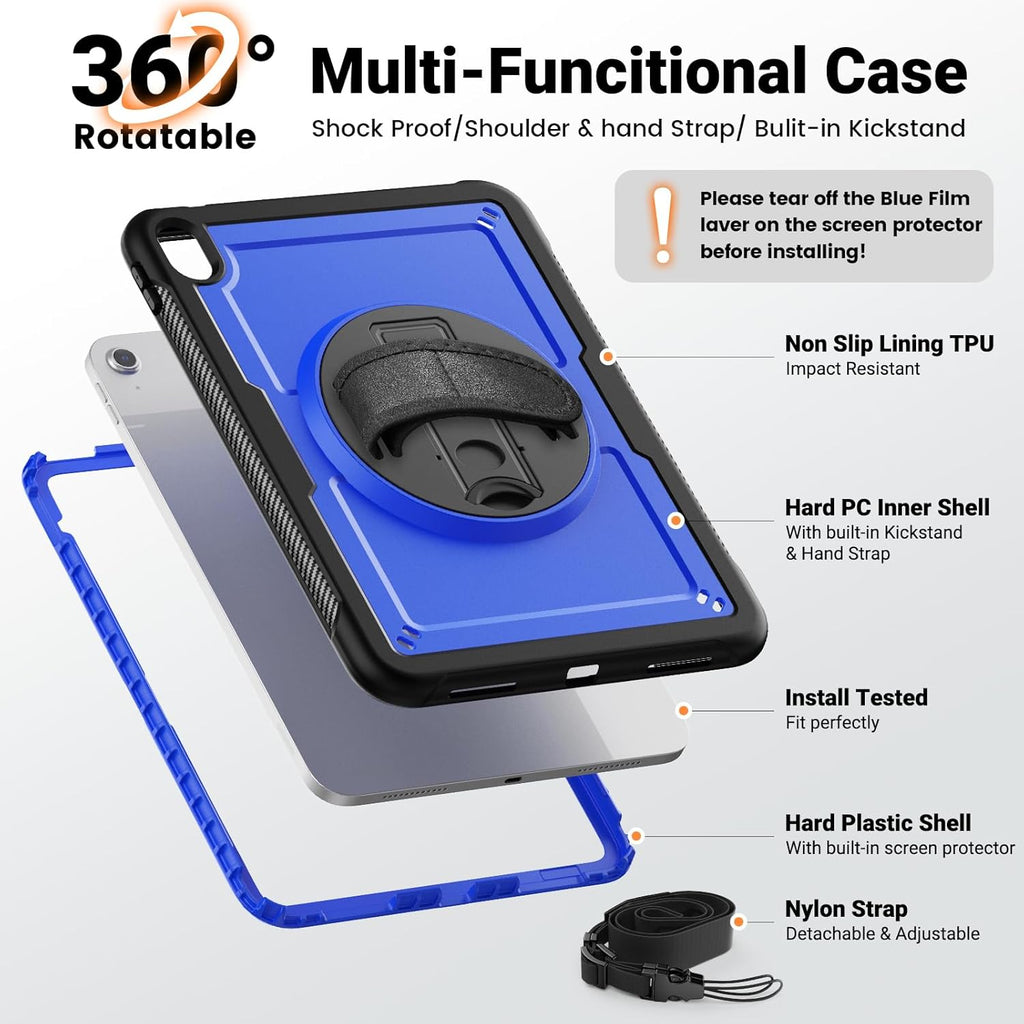 SCSVPN Case for iPad (A16) 11th Generation 11 Inch 2025 / 10th Generation 10.9 Inch 2022, Shockproof Protective Case with Screen Protector, Pencil Holder, Rotating Stand, Hand/Shoulder Strap - Blue