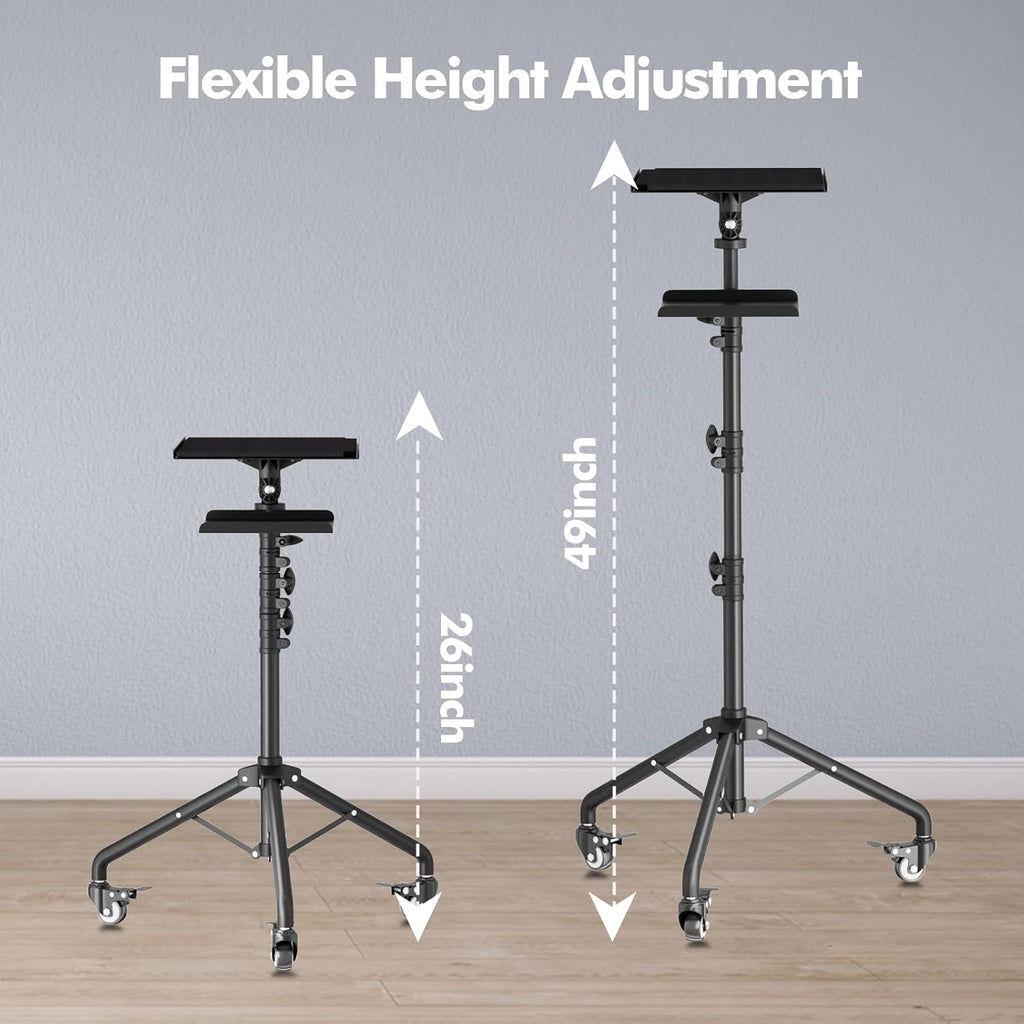 Projector Tripod Stand with Wheels, Portable Laptop Floor Support with Mouse Tray & Bag, Height Adjustable 26 to 49 Inch with Gooseneck Phone Holder for Office, Home, DJ Racks