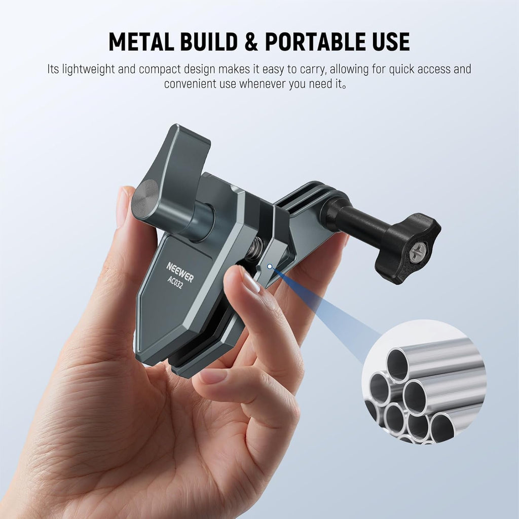 NEEWER Motorcycle Windshield Action Camera Clamp Mount, Aluminum Alloy Clip with 3 Prong Adapter & 1/4" Screw Hole Compatible with GoPro Hero 13 12 DJI Adapters for POV Video Recording, AC032