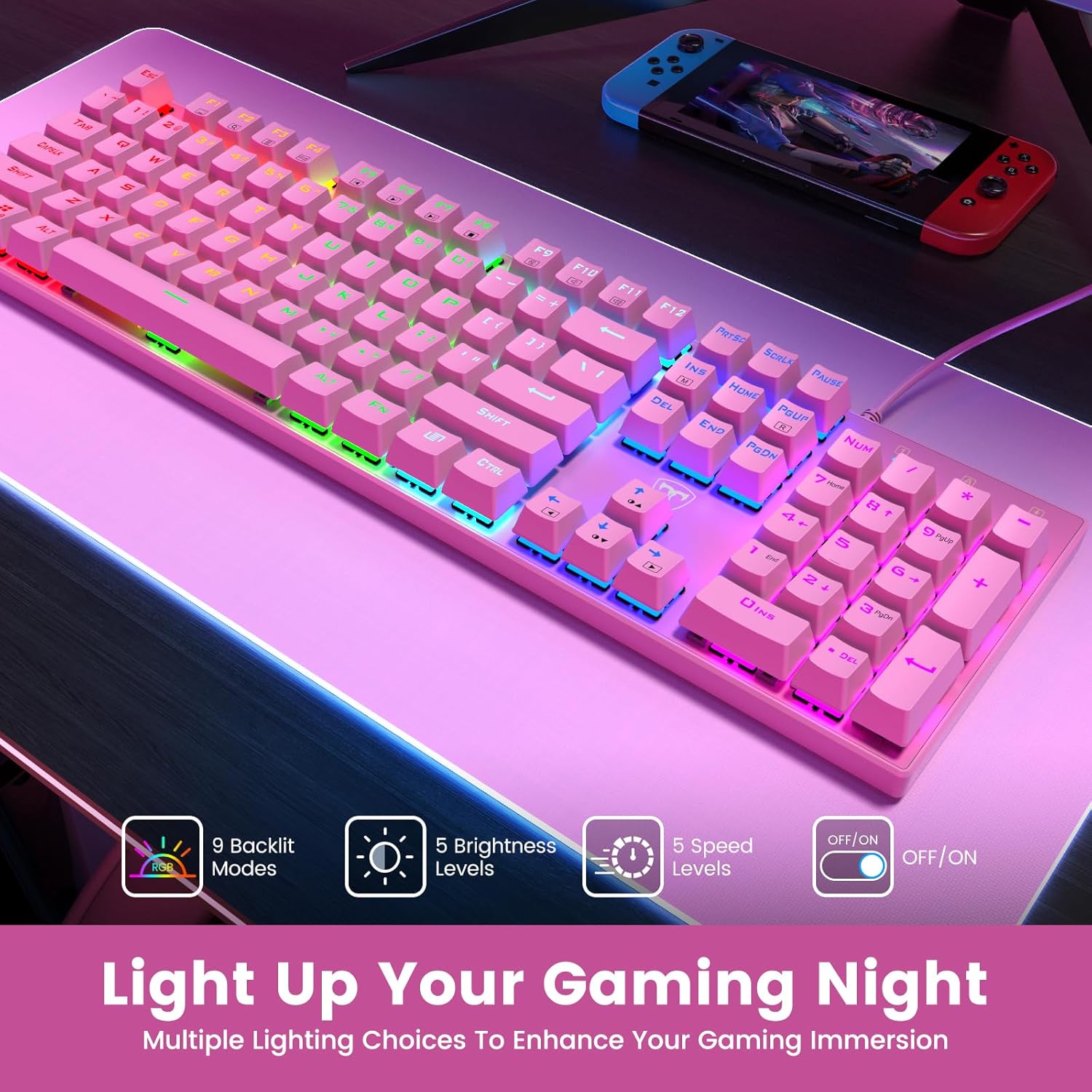 RisoPhy Mechanical Gaming Keyboard, RGB 104-Key Ultra-Slim Backlit USB Wired Keyboard with Blue Switch, Durable ABS Keycap/Anti-Ghosting/Spill-Resistant for PC, Mac, Xbox Gaming, Pink