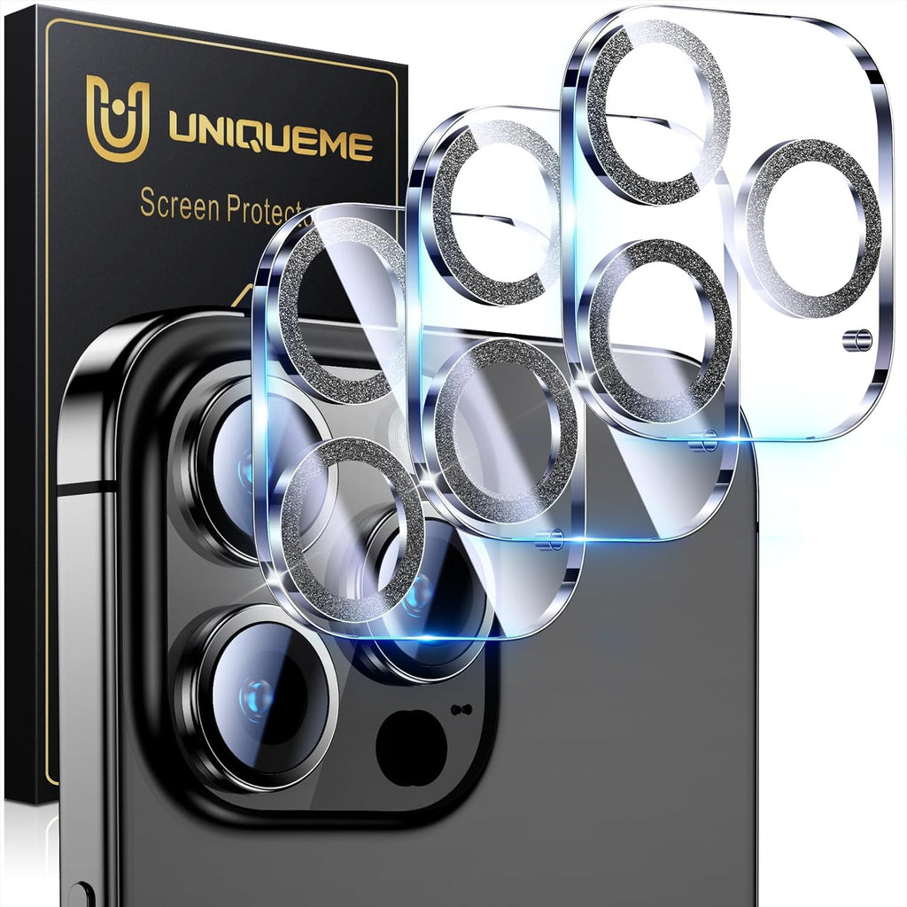 UniqueMe for 3 Pack iPhone 16 Pro/iPhone 16 Pro Max Camera Lens Protector - [Drop Protection] [Case Friendly] 9H Tempered Glass Camera Cover Screen [Update New Version] - Glitter Black
