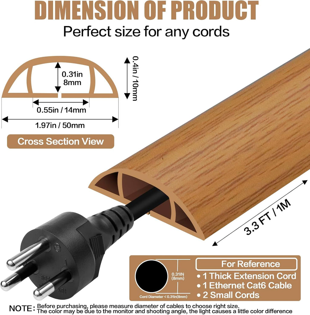 Floor Cord Cover Self Adhesive Cord Hider,3.3FT Cable Management, Extension Strip Protector for Wires, Prevent Cable Trips for Offices, Gyms, Exhibitions Cavity:0.47"(W) x 0.35"(H) Brown Wood